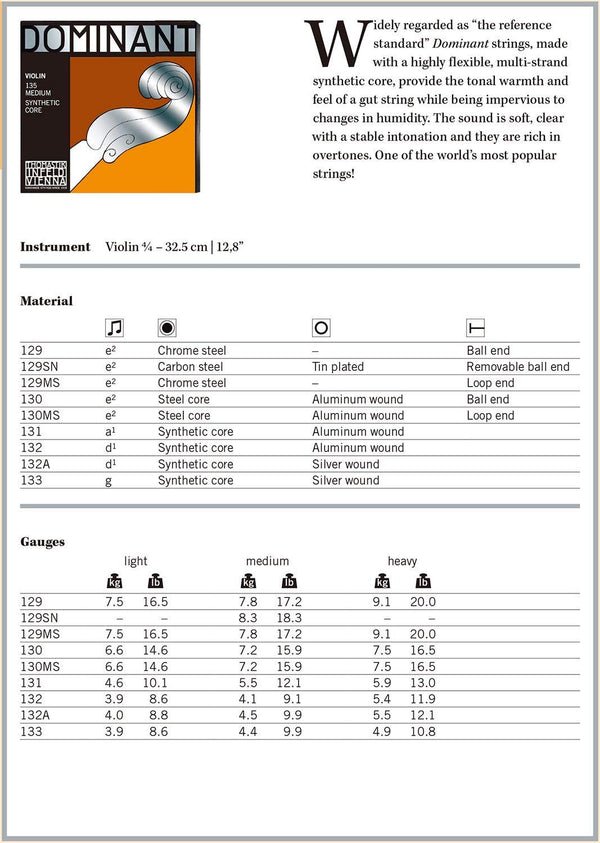 Thomastik-Infeld 135 Dominant Violin Strings, Complete Set, 135, 4/4 Size, with Aluminum Wound Ball End E String