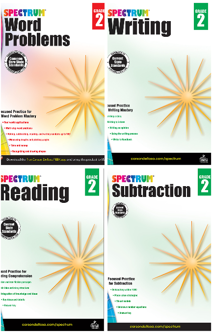 Spectrum Grade 2 Reading+Writing+Subtraction+Word Problems Workbooks (4 book set)